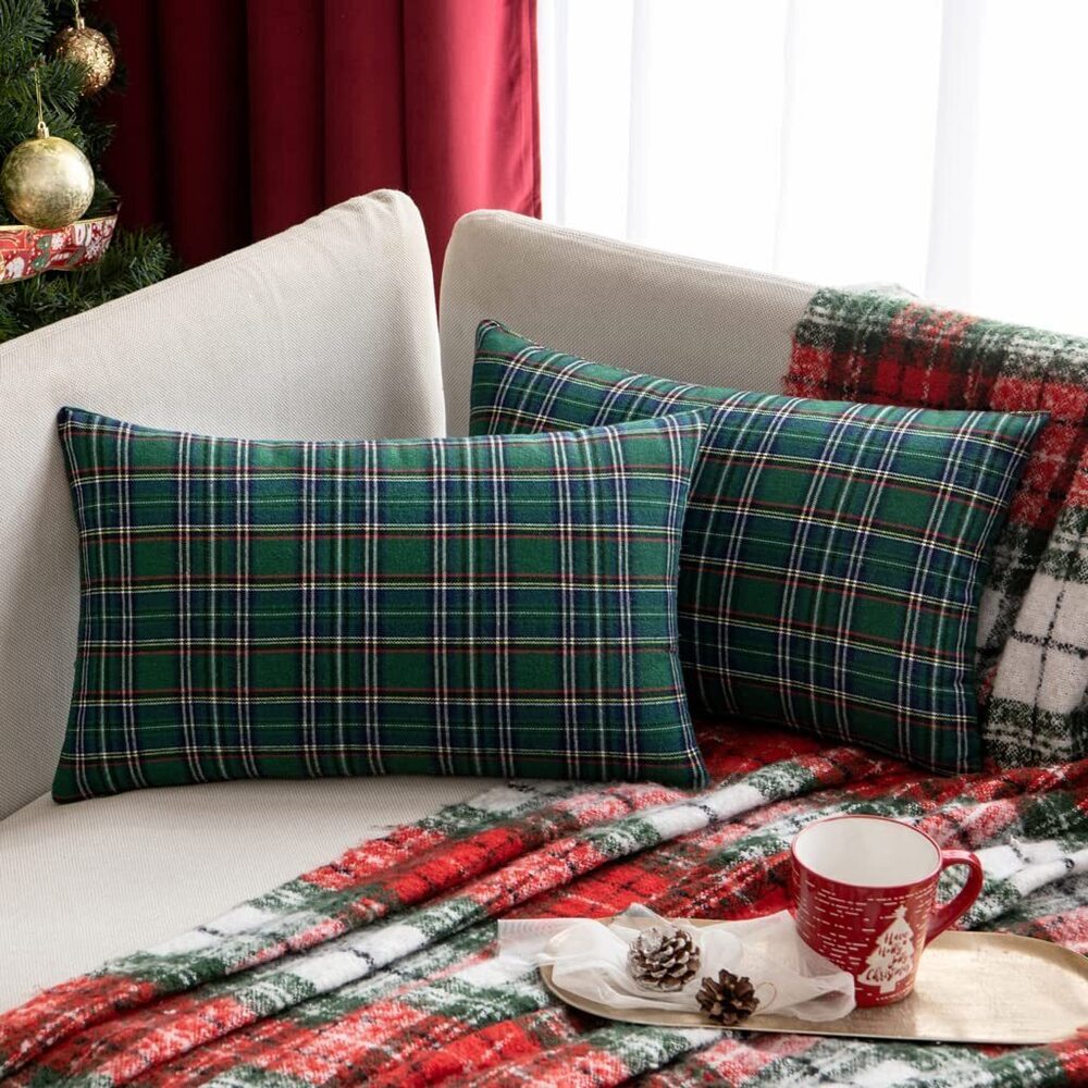 3501 Christmas Green Tartan Plaid Throw Pillow Covers 12x20 Inch Decorative